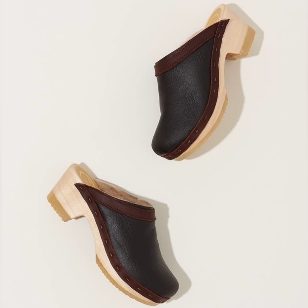 No. 6 Dakota Shearling Clog on Mid Heel in Black and Brown Aviator